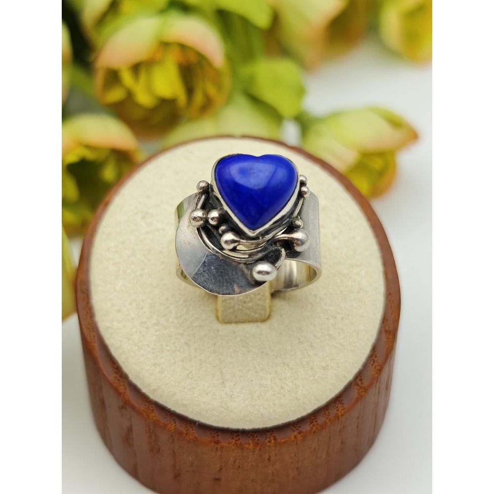 Heart Lapis Lazuli Artisan Ring Women Size 5.5 Blue Sterling Silver Bohemian 925